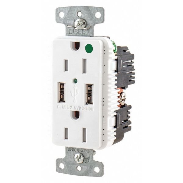 USB Charger Receptacle, 15 Amps, 125V AC, Flush Mount, Decorator Duplex Outlet, 5-15R, White, Hubbell, Mfr#: USB8200A5W