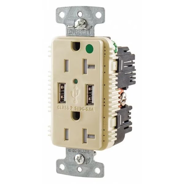 USB Charger Receptacle, 20 Amps, 125V AC, Flush Mount, Decorator Duplex Outlet, 5-20R, Ivory, HUBBELL, Mfr# USB8300A5I