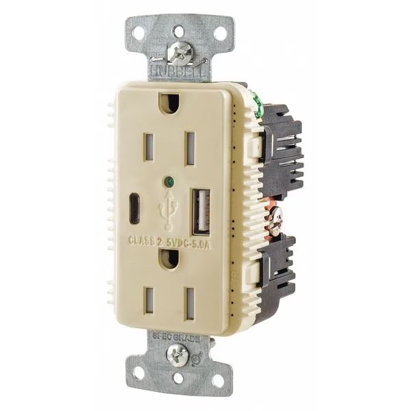 USB Charger Receptacle, 15 Amps, 125V AC, Flush Mount, Decorator Duplex Outlet, 5-15R, Ivory, Hubbell, Mfr#: USB15AC5I