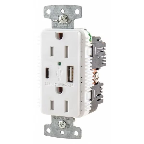 USB Charger Receptacle, 15 Amps, 125V AC, Flush Mount, Decorator Duplex Outlet, 5-15R, White, Hubbell, Mfr#: USB15AC5W