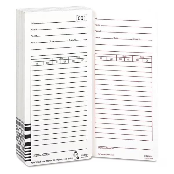 Payroll Card for Time Clock ES1000, PK100, Acroprint, Mfr#: 09-9111-000