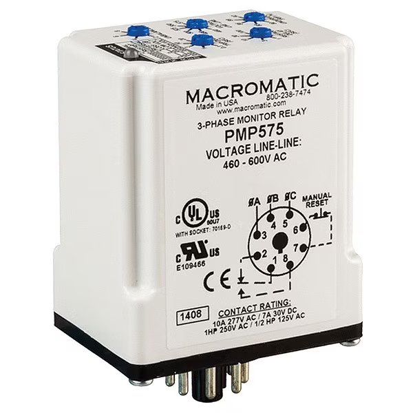 3 Phase Monitor Relay, SPDT, 600VAC, 8 Pin, Macromatic, Mfr#: PMP575