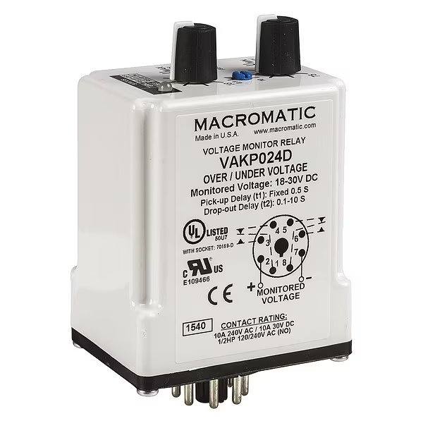 Voltage Monitor Relay, 24VDC, Plug-In, Macromatic, Mfr#: VAKP024D