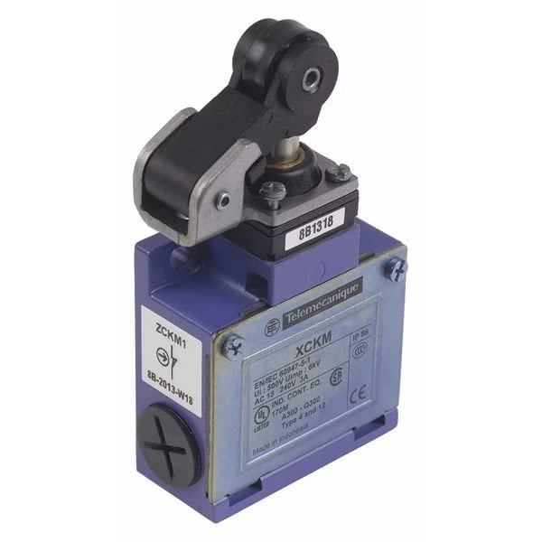 Limit Switch, Plunger, Roller, 1NC/1NO, 10A @ 240V AC, Actuator Location: Top, Telemecanique Sensors, Mfr#: XCKM121