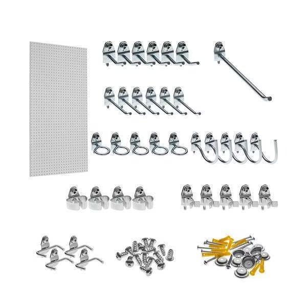 24 In. W x 48 In. H x 1/4 In. D White Heavy-Duty HDF Round Hole Pegboard 36 pc. Locking Hook Assortment, Triton Products, Mfr#: TPB-36WH-Kit