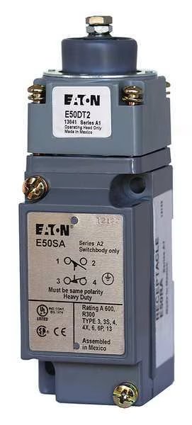 Heavy Duty Limit Switch, Plunger, 1NC/1NO, 10A @ 600V AC, Actuator Location: Top, Eaton, Mfr#: E50AT2