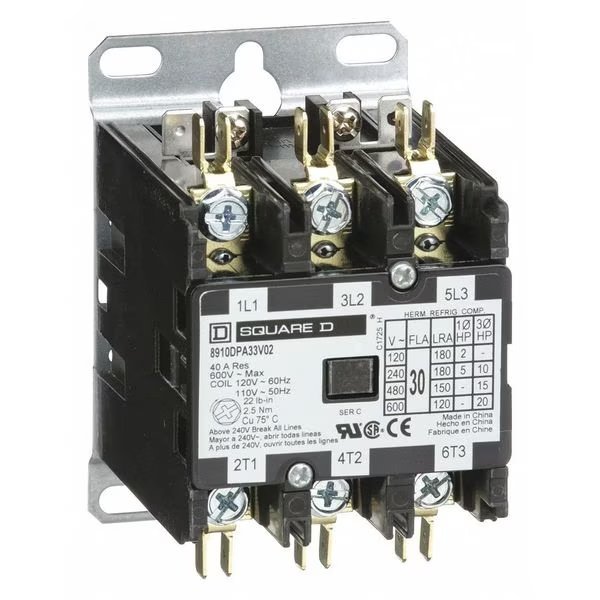 Definite Purpose Magnetic Contactor, 3 Poles, 30 A Full Load Amps-Inductive, 120V AC, 50/60 Hz, Square D, Mfr#: 8910DPA33V02