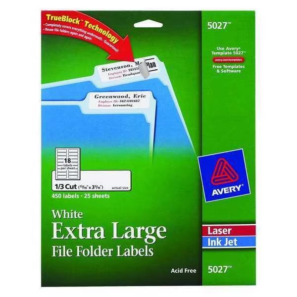 Avery® White Extra-Large File Folder Labels for Laser and Inkjet Printers 5027, 15/16