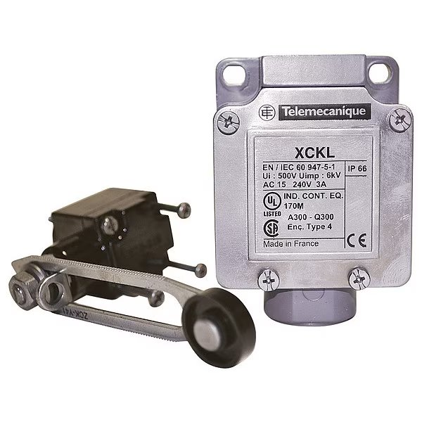 Limit Switch, Roller Lever, Rotary, 1NC/1NO, 10A @ 240V AC, Actuator Location: Side, Telemecanique Sensors, Mfr#: XCKL141H7