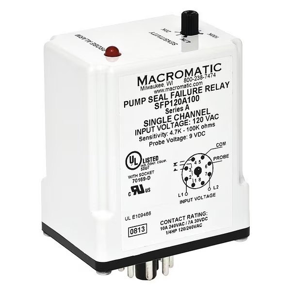 Pump Seal Failure Relay, SPDT, 8Pin, 120VAC, Macromatic, Mfr#: SFP120A100