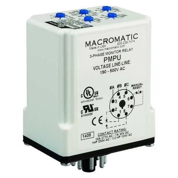 3 Phase Monitor Relay, SPDT, 500VAC, 8 Pin, Macromatic, Mfr#: PMPU