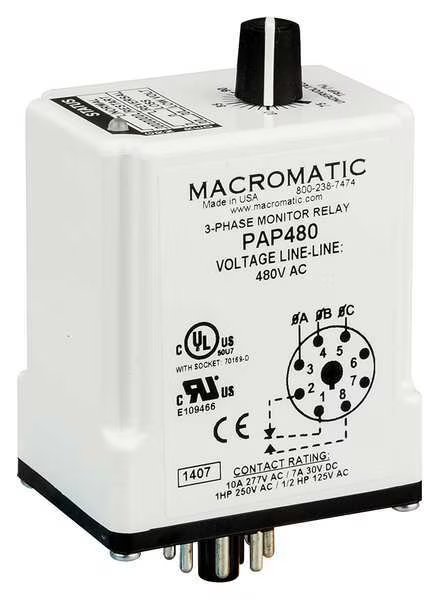 3 Phase Monitor Relay, SPDT, 208VAC, 8 Pin, Macromatic, Mfr#: PAP208