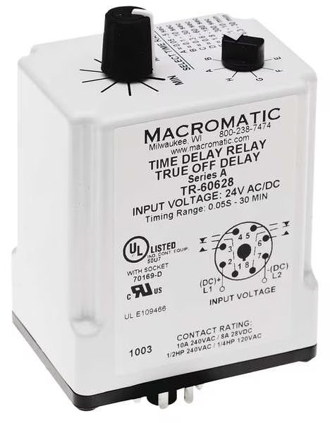 Time Delay Relay, 24VAC/DC, 10A, DPDT, Macromatic, Mfr#: TR-60628