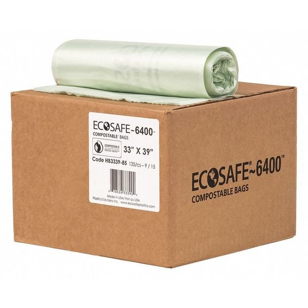 35 gal Trash Bags, 33 in x 39 in, Extra Heavy-Duty, 0.85 mil, Green, 135 PK, Ecosafe-6400, Mfr#: HB3339-8