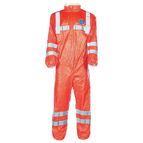 Collared Disposable Coveralls, XL, 25 PK, High-Visibility Orange, High Density Spunbond Polyethylene, Dupont, Mfr#: TY125SHVXL0025XC