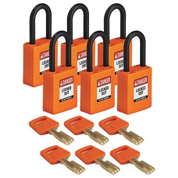 Lockout Padlock, Open, Rectangular Plastic Body, Plastic Shackle, 13/16 in W, 6 PK, Brady, Mfr#: NYL-ORG-38PL-KD6PK
