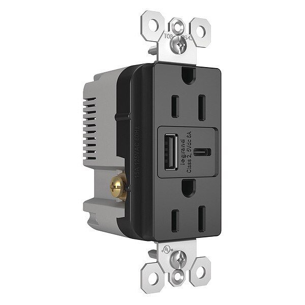 USB Charger Recept, 15 A, Black, Type A/C, Legrand, Mfr#: R26USBACBK