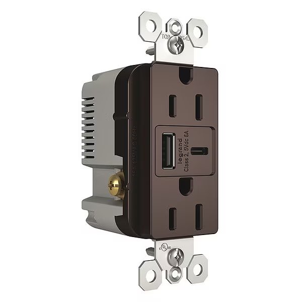 USB Charger Recept, 15 A, Drk Brz, Type A/C, Legrand, Mfr#: R26USBACDBCCV4