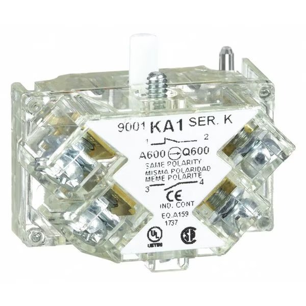 Contact Block, Momentary, 1NC/1NO, 30 mm, 10A @ 600V AV, Screw-clamp Terminal, Schneider Electric, Mfr#: 9001KA1