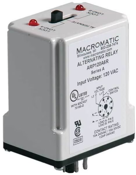 Alternating Relay, SPDT, 120VAC, 10A, 8 Pin, Macromatic, Mfr#: ARP120A6R