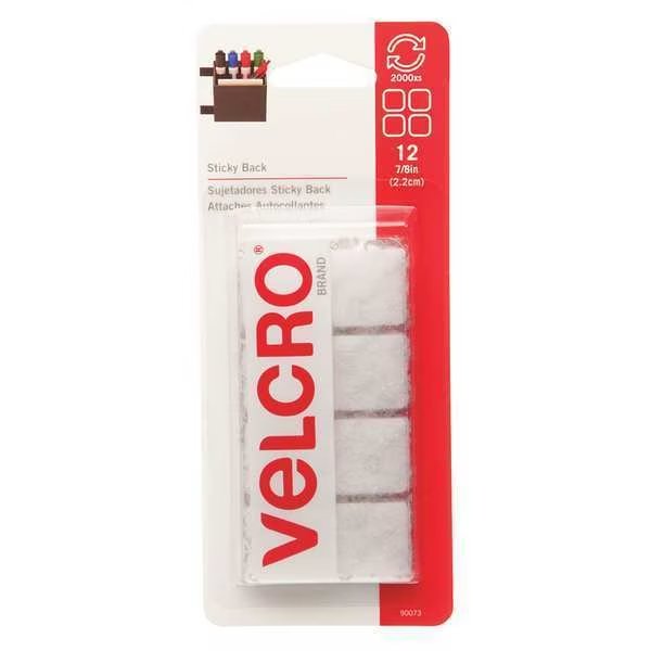 Reclosable Fastener Shape, Square, Rubber Adhesive, 7/8 in, 7/8 in Wd, White, 12 PK, Velcro Brand, Mfr#: 90073