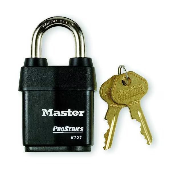 Padlock, Keyed Different, Standard Shackle, Rectangular Steel Body, Boron Shackle, 7/8 in W, Master Lock, Mfr#: 6121