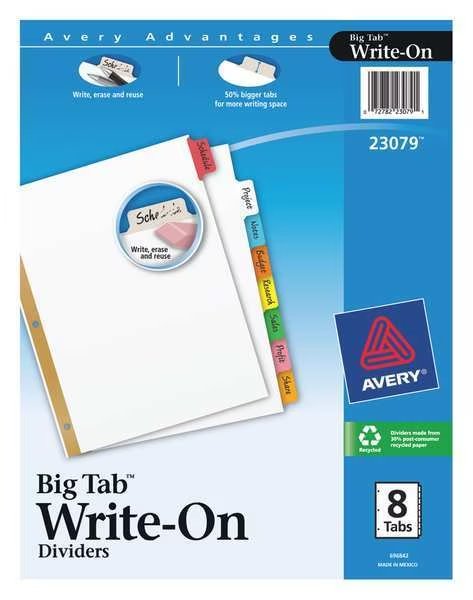 Avery® Big Tab™ Write & Erase Dividers 23079, 8 Multicolor Tabs, 1 Set, Avery, Mfr#: 7278223079