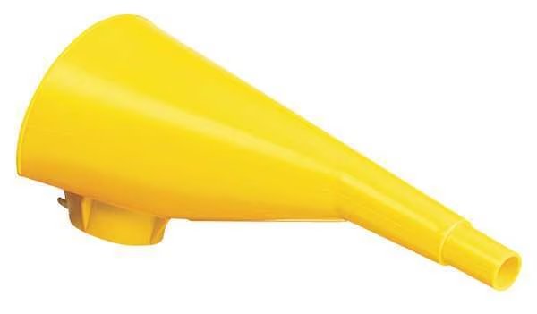 Funnel, 9 in Lg, 1 1/8 in Spout Outside Dia., Polyethylene, Yellow, Eagle Mfg, Mfr#: F15FUN