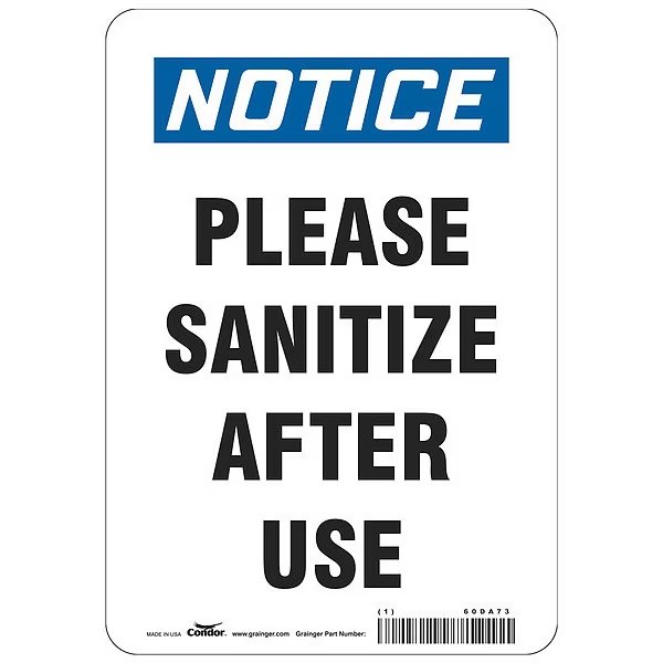 Please Sanitize After Use Sign, 7" W x 10" H, English, Polyester, White