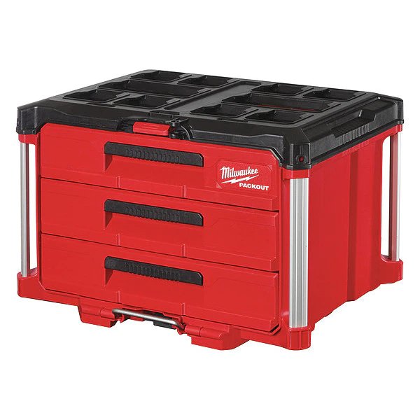 PACKOUT 3-Drawer Tool Box, Polymer, Black/Red, 22-1/4 in W x 16-1/4 in D x 14-1/4 in H, Milwaukee Tool, Mfr#: 48-22-8443