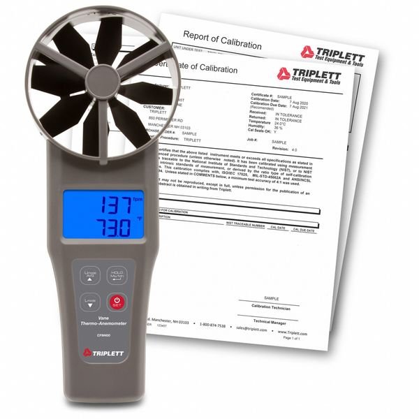 Anemometer, 40 to 5,900fpm, -4 to 140F, Triplett, Mfr#: CFM400-NIST