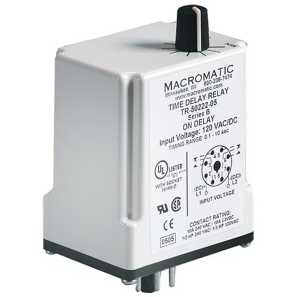Time Delay Relay, 24VAC/DC, 10A, DPDT, 2VA, Macromatic, Mfr#: TR-50528-10