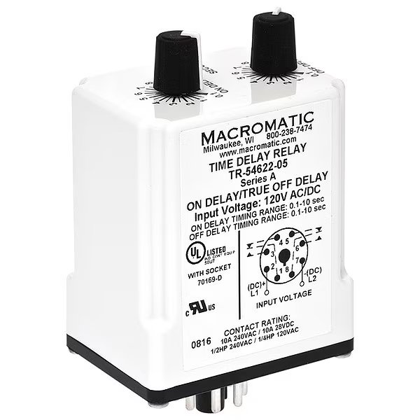 Time Delay Relay, 24VAC/DC, 10A, DPDT, Macromatic, Mfr#: TR-55128-05
