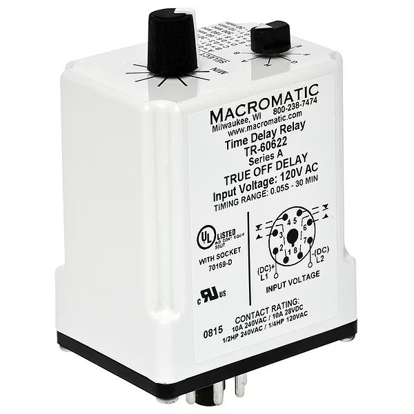 Time Dlay Rlay, 240VAC, 10A, DPDT, 0.05 sec., Macromatic, Mfr#: TR-60621
