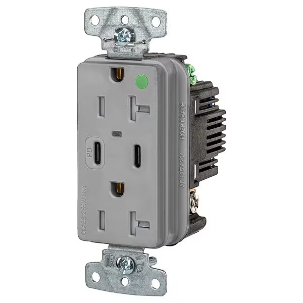 USB Receptacle, Gray, 1 hp, Hubbell, Mfr#: USB8300CPDGY