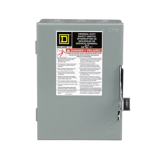 Fusible Safety Switch, General Duty, 240V AC, 2PST, 30 A, NEMA 1, Square D, Mfr#: D221N