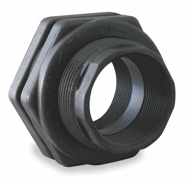 Bulkhead Tank Fitting, Polypropylene, 3/4 in FNPT x 3/4 in FNPT, 1-5/8 in Hole, EPDM Gasket, Banjo, Mfr#: TF075