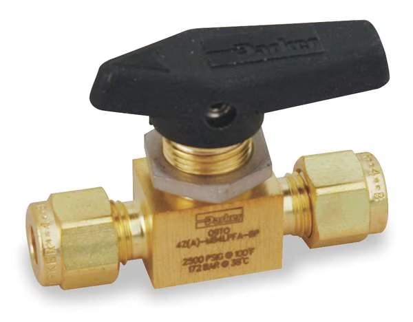 1/4" Compr Brass Mini Ball Valve Inline, Parker, Mfr#: 4A-MB4LPFA-BP