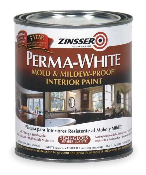 Interior Paint, Semi-Gloss, Water Base, White, 1 qt, Zinsser, Mfr#: 2754