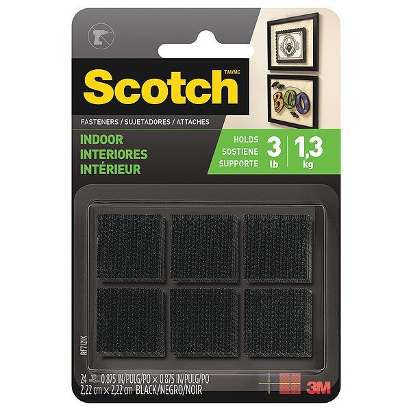 Reclosable Fastener Shape, Square, Acrylic Adhesive, 7/8 in, 7/8 in Wd, Black, 24 PK, Scotch, Mfr#: RF7121X