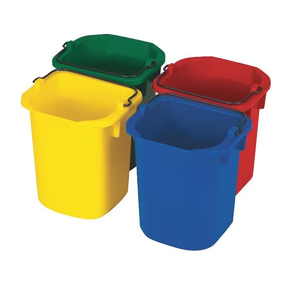 1 1/4 gal Square Bucket Set, 8 1/2 in H, 9 1/2 in Dia, Green, Red, Yellow, Polypropylene, Rubbermaid Commercial, Mfr#: FG9T83010000