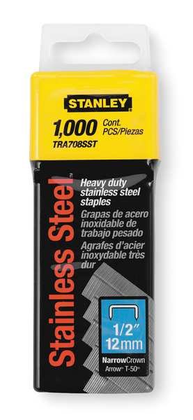 Heavy Duty Staples, 23 ga, Narrow Crown, 1/2 in Leg L, Stainless Steel, 1000 PK, Stanley, Mfr#: TRA708SST