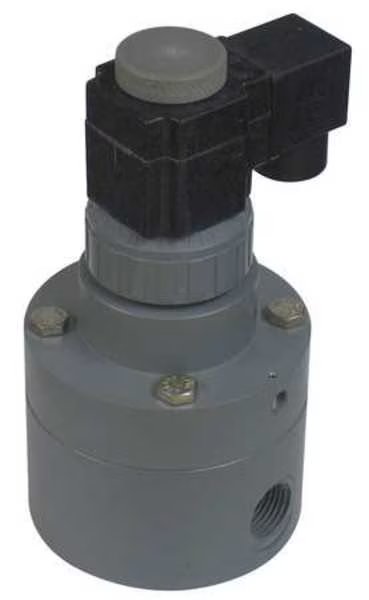 120V AC PVC Solenoid Valve, Normally Closed, 1 1/2 in Pipe Size, Plast-O-Matic, Mfr#: PS150VW11-120/60-PV