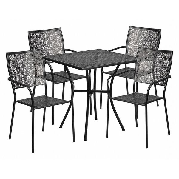 28 in Square Patio Table With 4 Chairs, Black, Steel, Flash Furniture, Mfr#: CO-28SQ-02CHR4-BK-GG