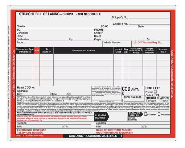 Hazmat Bill of Lading Forms, Hazmat, PK500, Jj Keller, Mfr#: 12463