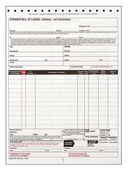 Bill of Lading Form, Reg Compliance, PK250, Jj Keller, Mfr#: 969